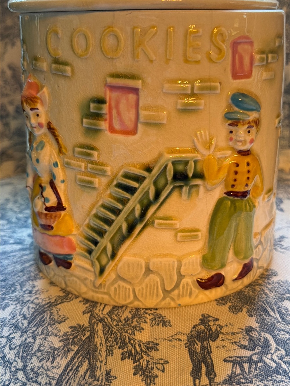 Vintage 1940’s Cookie Jar Dutch Boy & Girl with Multicolor Relief Design